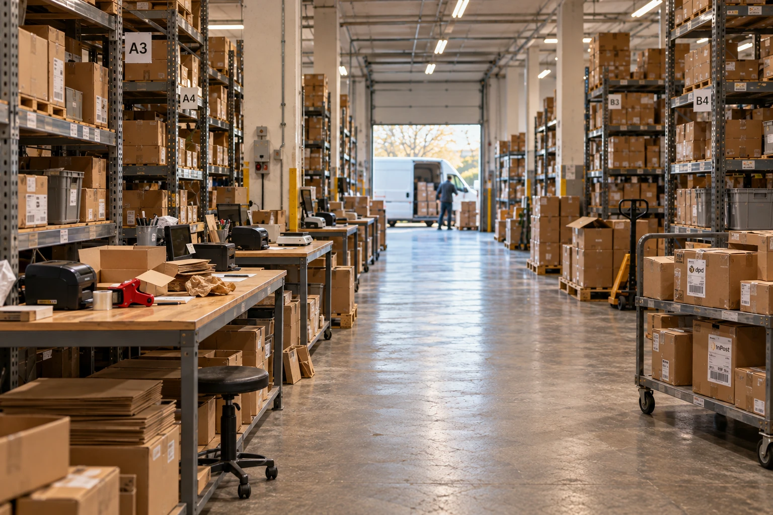 Wizualizacja magazynu ze stanowiskami pakowania po lewej i regałami z kartonami.